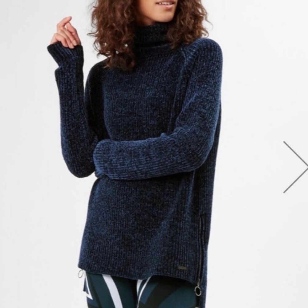 "Lita" Chenille Turtleneck Sweater with Thumn Holes In Beetle Blue Marl